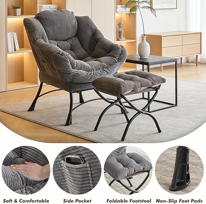 QQU Lazy Chair with Ottoman Corduroy Lounge Armchair Reading Chair with Footrest for Living Room Balcony Study (Grey)