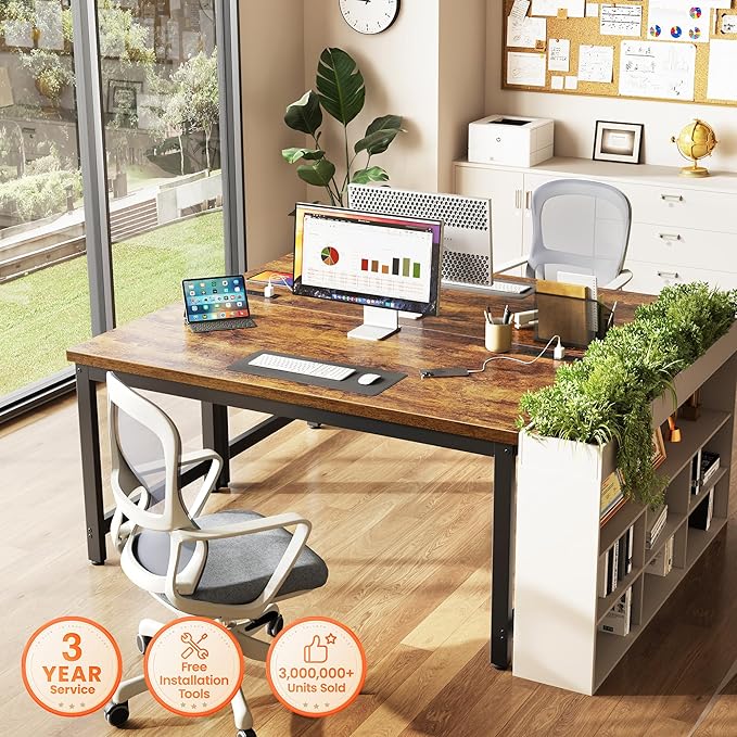 Huuger 55 x 24 inch Desk with Power Outlets &amp USB-C Deeper &amp Thicker Desktop Robust Metal Tubes Computer Desk Heavy Duty Office Desk Work Gaming Desk for Home Office Rustic Brown