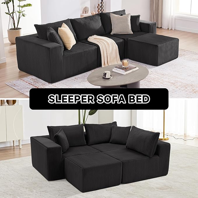 Cloud Couch Sectional Modular Sofa with Deep Seat Plush Corduroy U Shaped Boneless Couch Convertible Sectional Couches for Living Room (Black 3 Seater &amp 1 Ottoman)