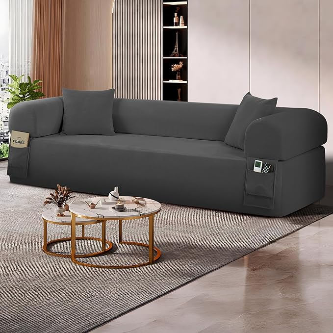 AC Pacific 3-Seater Sofa with Pillows &amp Storage – Low-Profile Hybrid Design Pocketed Springs &amp High-Density Foam Gray Fabric Couch for Living Room Apartment Charcoal