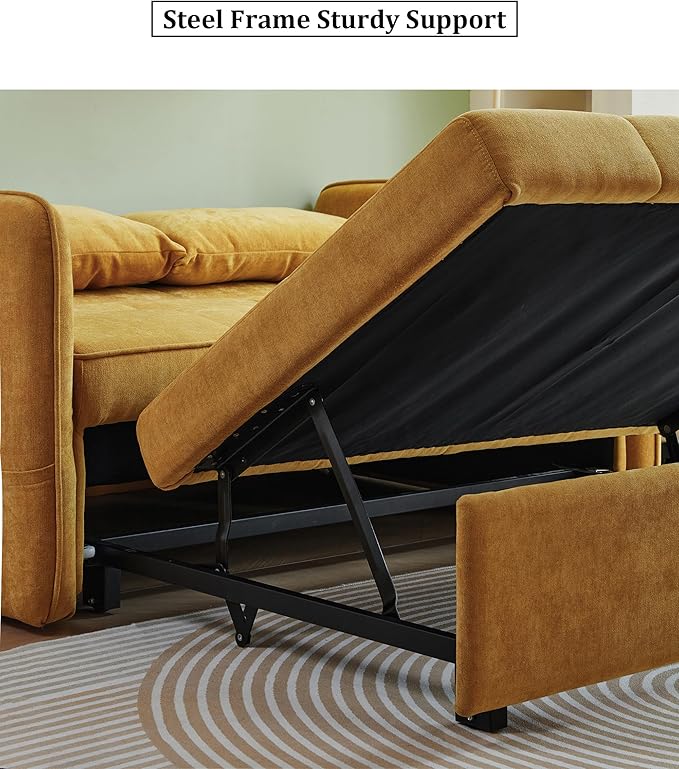 JULYFOX Yellow Pull Out Sofa Sleeper Bed 53.5 inch Wide Loveseat Couch Sleeper with Armrest 2 Throw Pillows Heavy Duty Design for Small Spaces