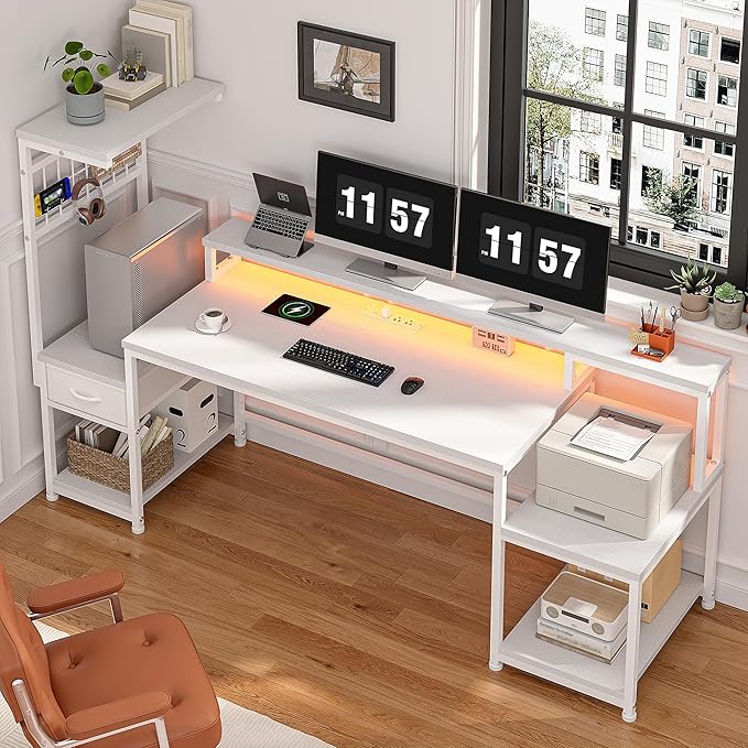 63 Gaming Desk with LED Lights &amp OutletsComputer Desk with Drawers &amp Monitor StandGaming Table with Storage Shelves &amp Printer Space for Game RoomStudy RoomHome OfficeBedroomWhite