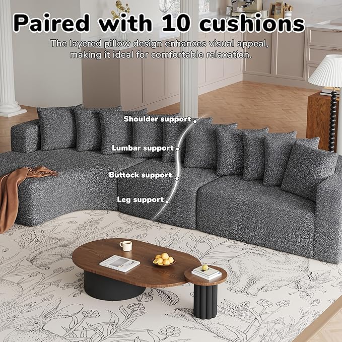 131 Boneless Chenille Sectional L-Shaped Sofa Modern Cloud-Shaped Curved 3-Seater Sofa Includes 10 Pillows Living Room Fabric Corner Couch (Grey 131” Left Chaise)