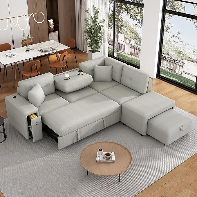 86.6 L-Shaped Sectional Sofa Couch Chenille Upholstered Pull-Out Sofa Bed Sleeper with a Movable Ottoman and 2 Cup Holders for Living Room Apartment Offices (Grey-86.6)