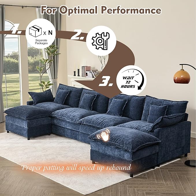 142.5 U Shaped Couch Modular Sectional Sofa 3-Seater Comfy Cloud Couch Set of Modular Pieces with Movable Ottoman Deep Seat Couches for Living Room Chenille Navy