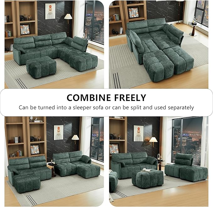 135 Modular Sectional Couch for Living Room Morden Chenille U Shaped Boneless Couch Cloud Sofa with Removable Armrest for Bedroom Apartment Green