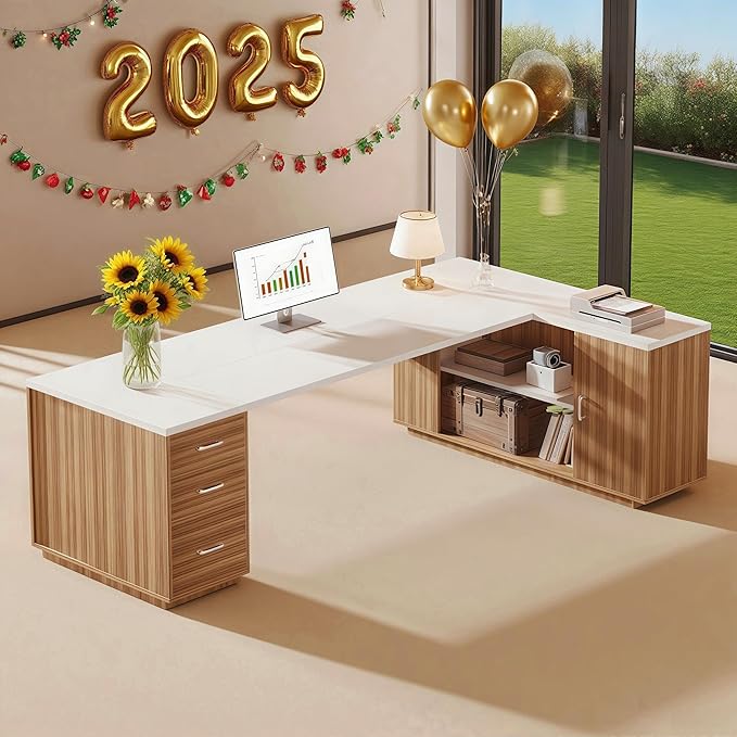 Tribesigns 85.8 L-Shaped Executive Desk Extra Large Office Desk with File Drawers Modern Business Furniture Computer Desk Workstation with Door Cabinet Shelves for Home Office White &amp Brown