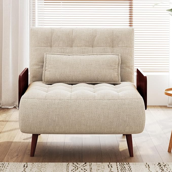 JASIWAY Convertible Sleeper Chair Bed for Adults 3 in 1 Linen Convertable Futon Chair with Pillow Fold Out Single Sleeper Couch Guest Bed for Small Spaces Bedroom Mid-century with Walnut Arm 28.4