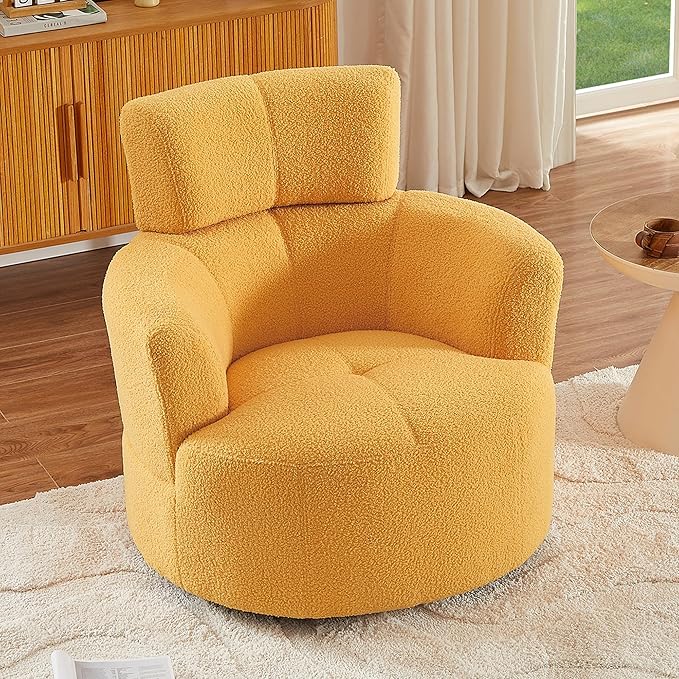 360° Swivel Accent Chair Armchair Upholstered Round Barrel Chair with Adjustable Headrest Morden Single Sofa for Living Room Office and Hotel (Yellow/27)
