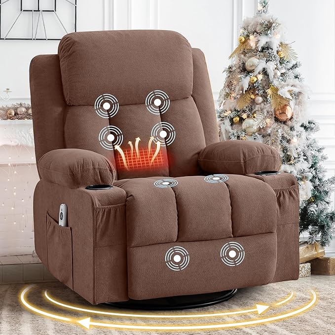 Swivel Rocker Recliner Chair with Vibration Massage and Heat for Living Roomwith Rocking Function and Side Pocket USB Charge Port2 Cup Holders