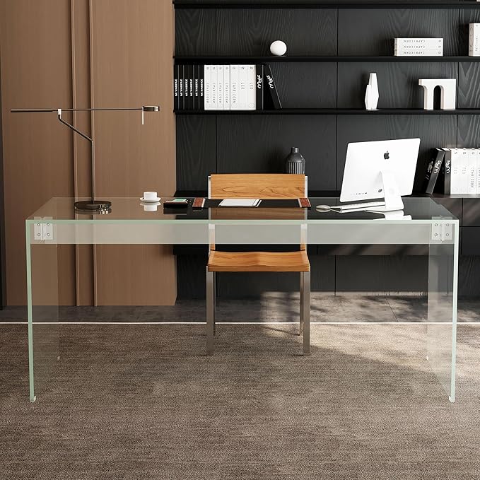Clear Tempered Glass Writing Desk – Minimalist Modern Computer Table with Metal Joints for Home Office or Study