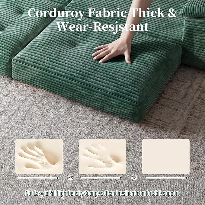 109.5 Loveseat Sofa with Ottoman Corduroy L Shape 3 Seater Couch Modular Sectional Couch for Living Room Small Spaces Apartment No Assembly Required Green