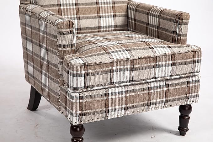 KEIKI Vintage Plaid Accent Chair with Nailhead Trim Upholstered Lounge Armchair Mid Century Modern Style for Bedroom or Office