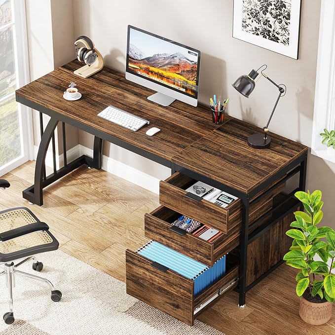 Tribesigns 59 Inch Computer Desk with 3 Drawers Industrial PC Desk Study Writing Table Workstation with File Storage Home Office Desks with Large Desktop and Metal Frame (Rustic Brown)