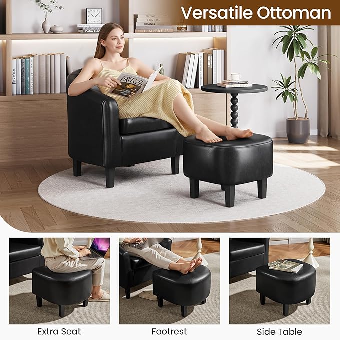 Yaheetech Accent Chair with Ottoman Set Modern Faux Leather Upholstered Soft Barrel Chair and Footrest Club Armchair and Footstool for Living Room/Bedroom/Reading Room/Guest Room Black