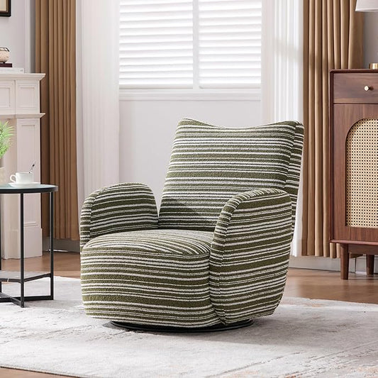 Modern Boucle Upholstered Accent Swivel Barrel ChairLeisure Club Lounge Chair with Sand-Rimmed Fabric and Metal Bracket for Living Room Bedroom Home Office (Olive Green Boucle)