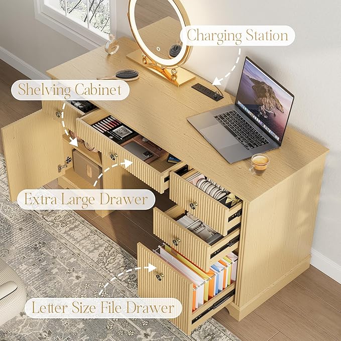 59 Modern Executive Desk with Drawers Wood Home Office Computer Desk with Charging Station 5 Drawers &amp 1 Cabinet File Drawer Fluted Computer Writing Desk for Study Living Room Bedroom Oak