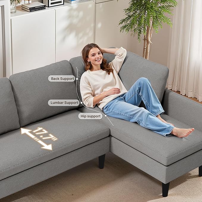 Gizoon Convertible Sectional Sofa Convertible to L-Shaped Sofa Linear and Sofa Bed with Comfortable and Soft Fabric Four Pillows for Living Room Apartment and Office Light Gray