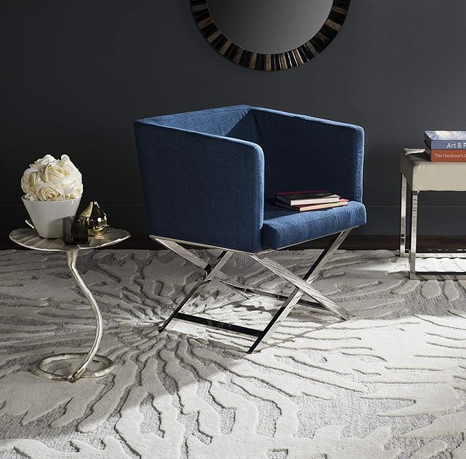 Safavieh Home Collection Celine Navy and Chrome Modern Glam Cross Leg Chair
