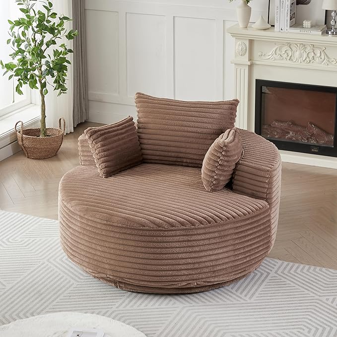 55''L Round Swivel Accent Chair Oversized Plush Corduroy Modern Swivel Barrel Chairs Upholstered Cozy Reading Chair for Living Room Bedroom Home Office (Corduroy Brown)
