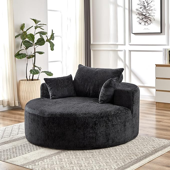 Oversized Round Chaise Lounge Chair Indoor 55'' Chenille Deep Seat Circle Single Floor Sofa Chairs Modern Upholstered Sponge Armchair Cloud Sleeper Chair for Living Room Bedroom Apartment Black