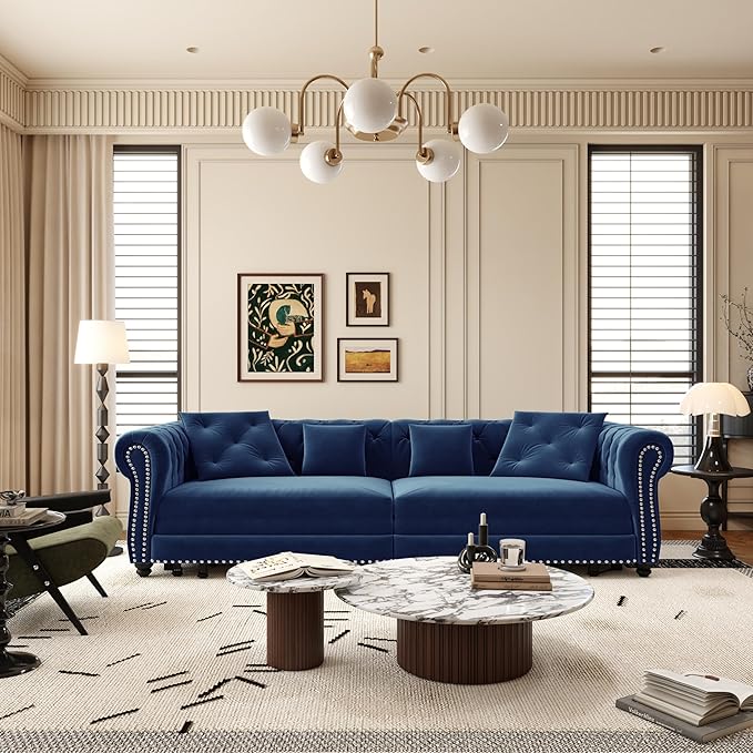 3-in-1 Pull Out Sofa Bed - 89 King Size Convertible Sleeper Sofa Large Velvet 3-Seater Sofa with Movable Ottoman Sleek Rivet Detailing Tufted Design Pull Out Couch (Blue)
