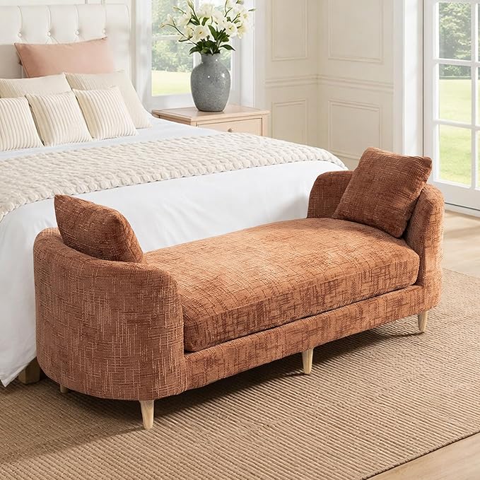 Mlmh &amp Kngwa Chaise Lounge Chair Indoor 77.2 King Size Bedroom Bench with 2 Bolster Pillows &amp Armrests Upholstered Daybed Couch for Living Room Hallway Chenille Orange