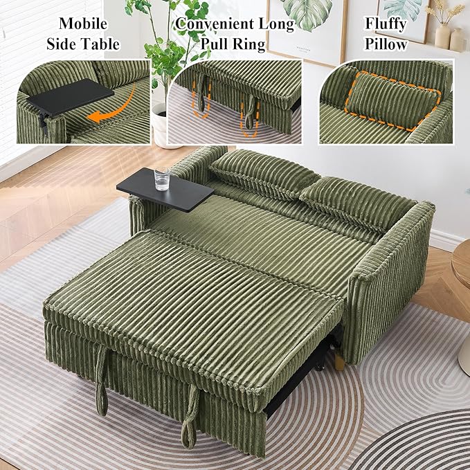 3 in 1 Pull Out CouchCorduroy Upholstered Convertible Sleeper Sofa Bed with Movable Side Table Modern Multifunctional Sofa with USB Port Cushioned Couch for Living Room (Green)