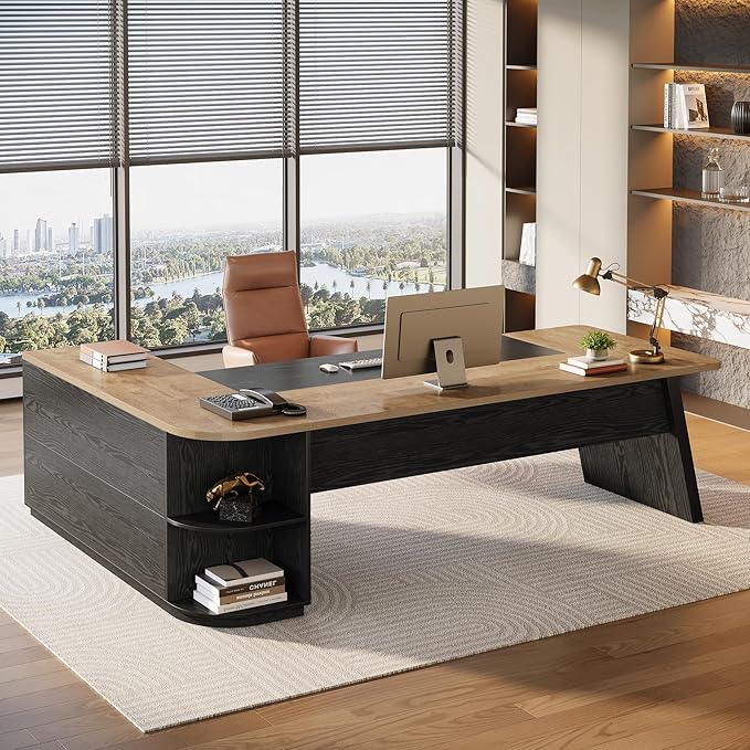 Tribesigns 79-Inch Executive Desk Large Office Desk with Cabinet L-Shaped Compter Desk with Storage Shelves Writing Table for Home Office Natural Oak and Black