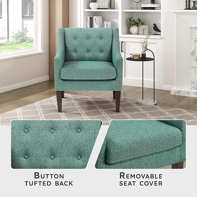 Lexicon Living Room Accent Chair Textured Fabric Upholstered Arm Chair with Button Tufted Back Sloped Arms and Wooden Legs Green