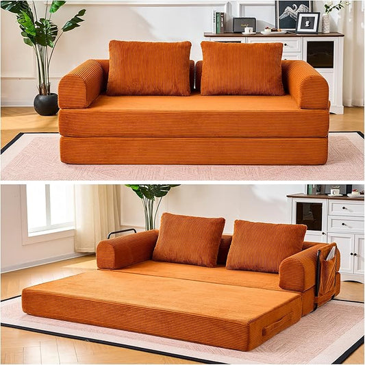 Convertible Floor Sofa Bed Modern King Sleeper Folding Mattress Couch with Pillows Corduroy Boneless Sectional Sofa Couch for Living Room Game Room Orange