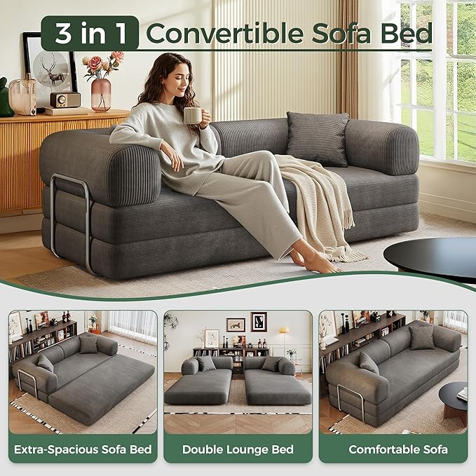 78.5'' Convertible Folding Sofa Bed – 4-in-1 Modular Floor Couch Corduroy Small Cloud Couch Compressed Foldable Sleeper Sofa King Size Futon for Bedroom Guest Room (Grey (Dark))