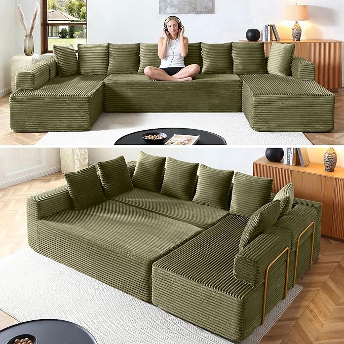 Oversized Cloud Boneless Couch with Chaise 145 Modern U Shape Modular Deep Seat Sectional Sofa Comfy Corduroy Upholstered Couches for Living Room No Assembly Required Green