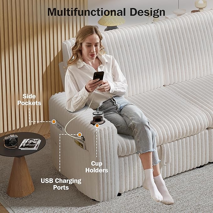 Sunny Heart 101 Plush Corduroy L Shaped Sectional Sleeper Sofa Bed with Pull Out Bed Reclining Backrest Reversible Storage Chaise USB Ports Cup Holders Tool Free Assembly Beige