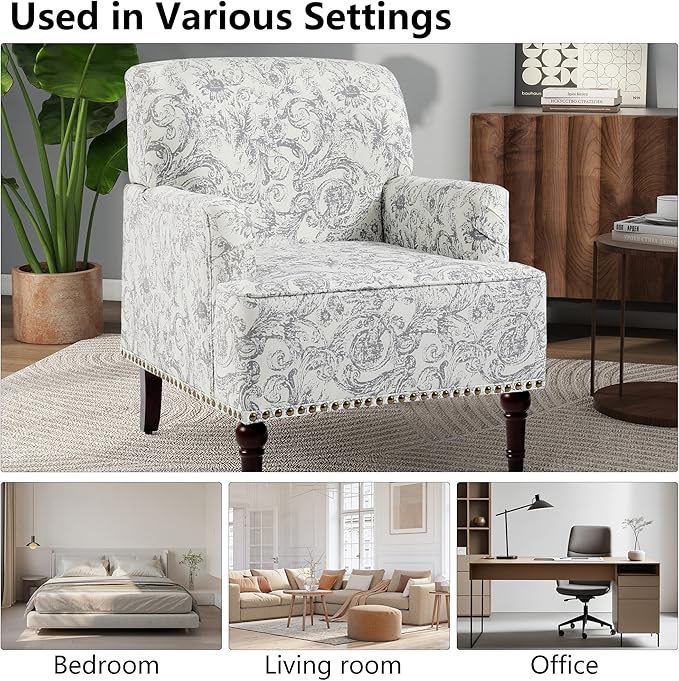 Accent Chair Mid Century Modern Comfy Armchair for Living Room Linen Fabric Single Sofa Lounge for Reading Bedroom Apartment Waiting Room with Wood Legs (Rococo Light Grey Set of 1)