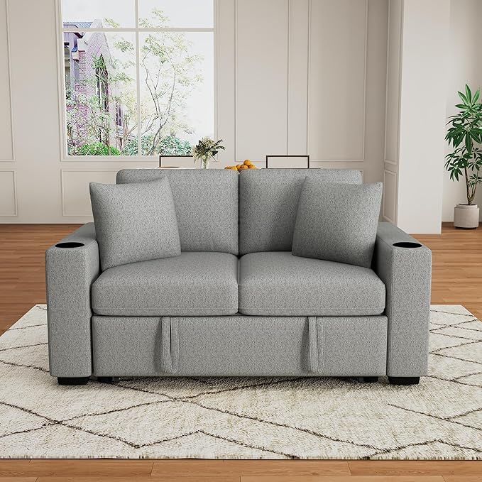 Convertible Pull-Out Sofa Bed 60.6 Modern Loveseat Sofa with Dual Cup Holders Removable Throw Pillows Chenille Fabric 2-Seater Sofa Chair for Living Room (Gray044)