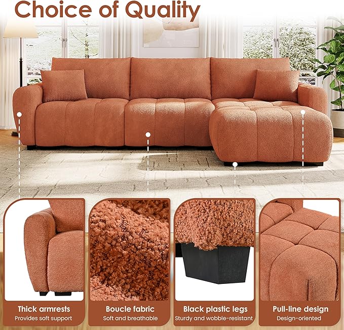 110 Modular Sectional Sofa L Shape with Extra-Large Seat Pull-line Design Movable Ottoman High Density Foam Free Combination Sturdy Metal&ampWood Frame Boucle Fabric (Orange)