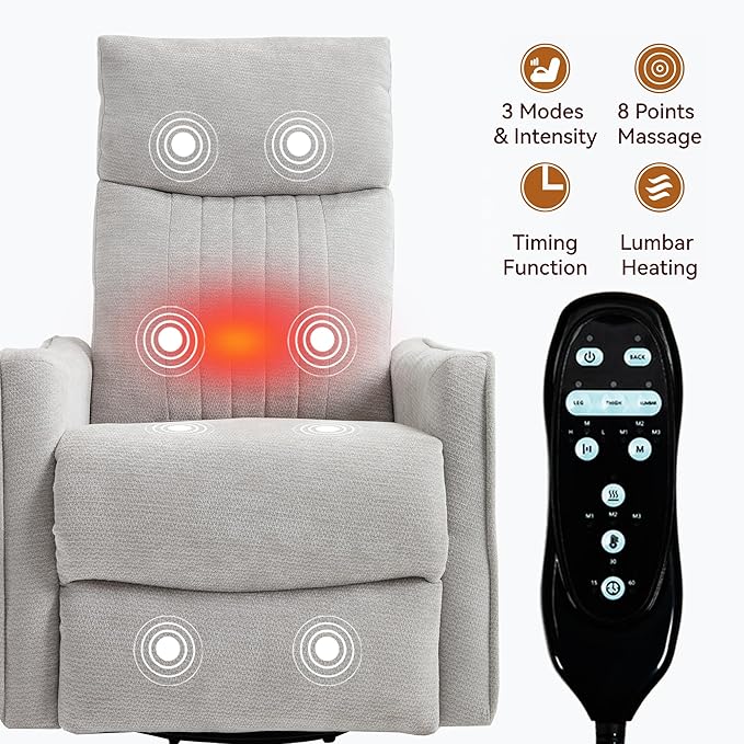 KEIKI Swivel Rocker Recliner Chair with Massage and Heated Pad for Nursery Soft Fabric Glider with 360 Degree Rotation and Manual Recline