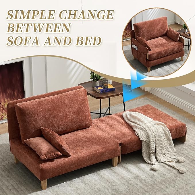 GDFStudio Foldable Sofa Bed Recliner 3-in-1 Convertible Sleeper Sofa with Pillows Mid Century Modern Chenille Upholstery for Small Spaces Bedroom Study Room Guest Room Orange