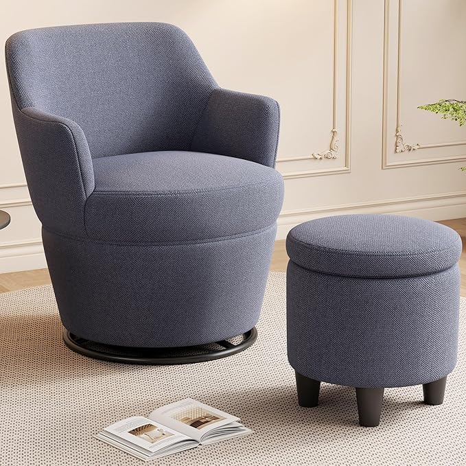 Upholstered Swivel Chair with Storage Ottoman360° Swivel Accent Lounge Sofa with Metal BaseComfortable Cotton Linen Barrel Reading Armchair for Living Room Bedroom Office (Blue)