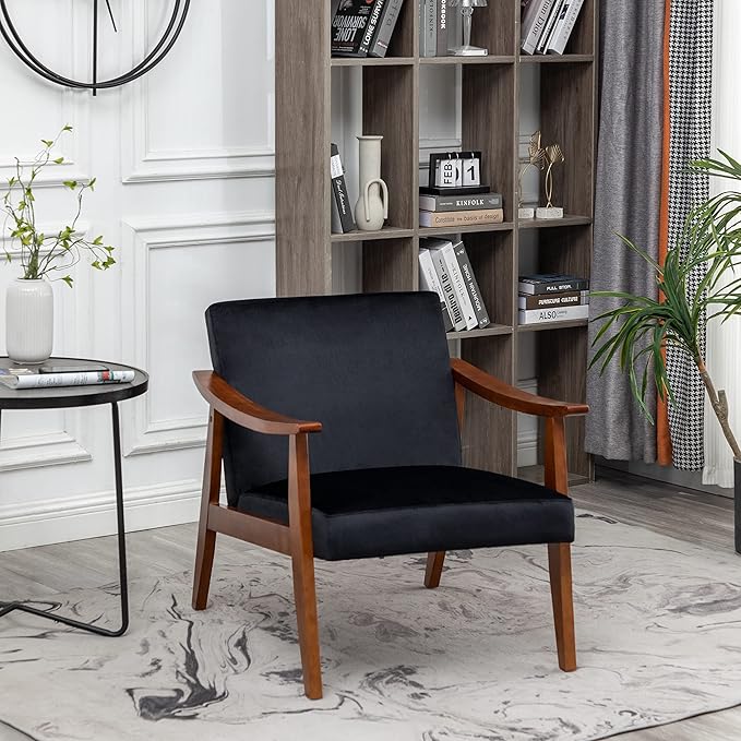 Accent Chair with Velvet Upholstery and Solid Wood Frame Classic Mid-Century Modern Living Room Furniture for Extra Seating Black