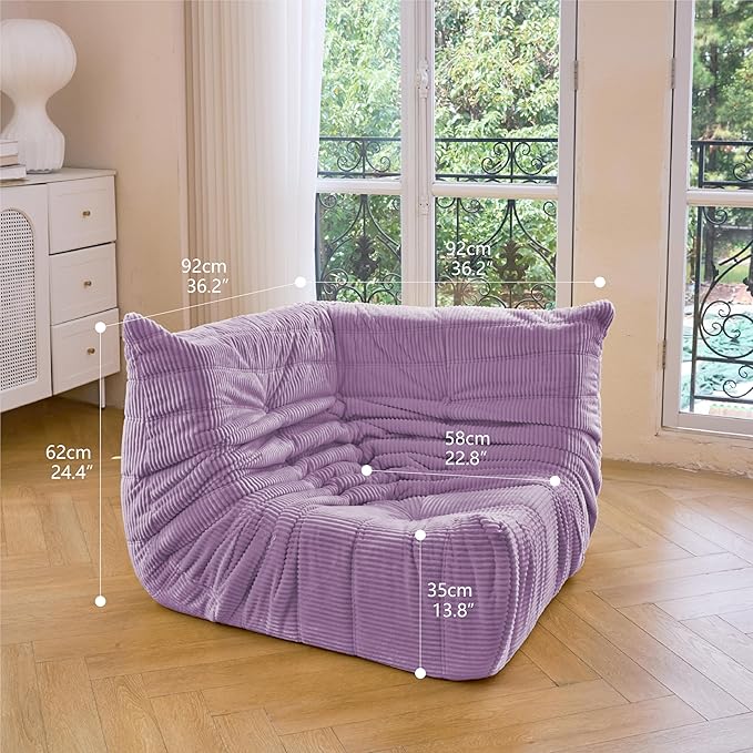 N&ampV Fireside Corner Chair Mid Century Armless Floor Sofa Soft Premium Corduroy Floor Lounge Chair Foam Sofa Accent Chair for Living Room Bedroom and Office (Lavender)