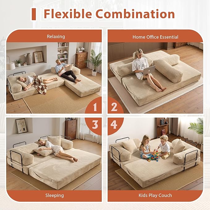 81'' Foldable Sofa Bed Convertible Sleeper Sofa with Fixed-Shape Frame Boneless Corduroy Foldable Couch Bed for Small Spaces Living Room Bedroom Studio(BeigeCorduroy Sofa Bed)