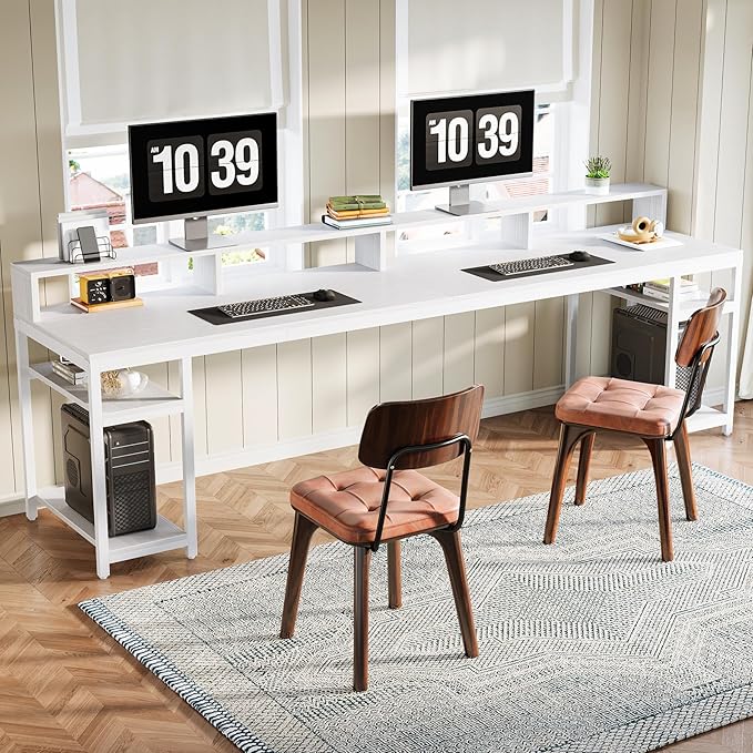Tribesigns 78.74 Inches Extra Long Two-Person Desk Double Computer Desk with Monitor Stand and Storage Shelves Study Work Table for Home Office (White)