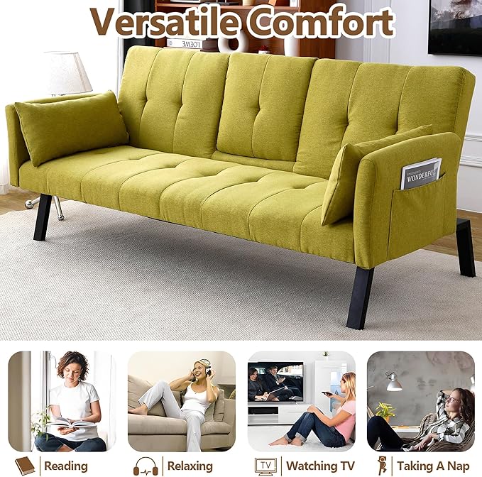 70 Beige Futon Couch Bed Sofa Comfortable Futon Loveseat with Cupholders &amp Arms Convertible Fouton Sofas with Adjustable Backrest &amp Pockets for Small Spaces Living Room Bedroom Dorm (Green)
