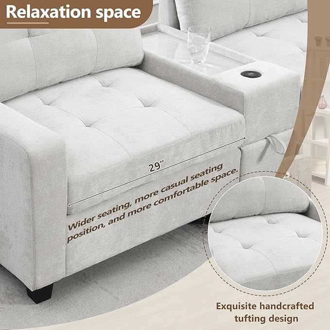 104'' Sectional Sofa with 2 Acrylic Consoles Oversized U Shaped Couch Set with USB ChargerStorage DrawersPocketsMovable OttomanChenille Modular Sectional Sofa for Living RoomApartment(Beige)
