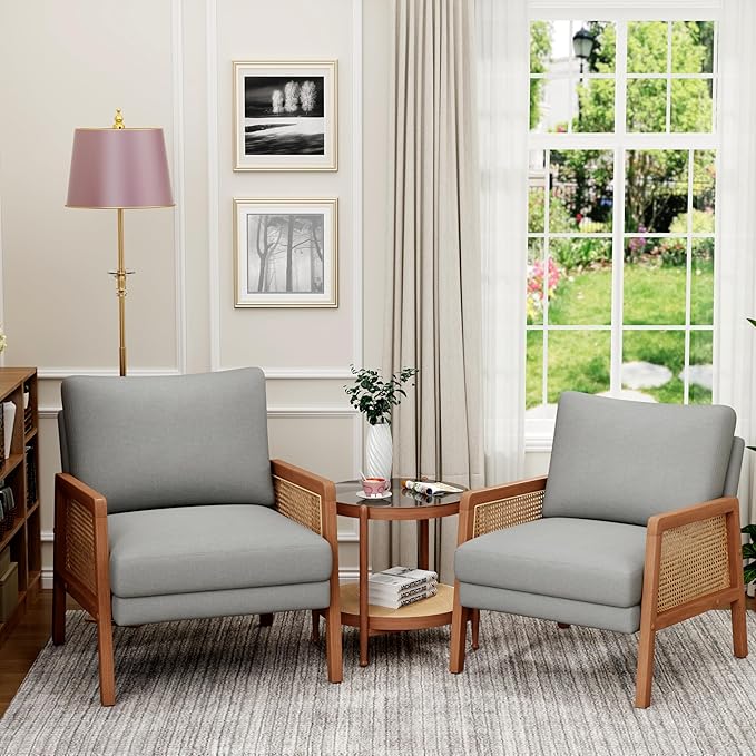 WENTMENT Rattan Accent Chairs Set of 2 Modern Armchair with Natural Rattan Armrest Upholstered Living Room Chair Comfy Single Sofa Chair for Reception Room/Hosting Room/Bedroom(Grey)