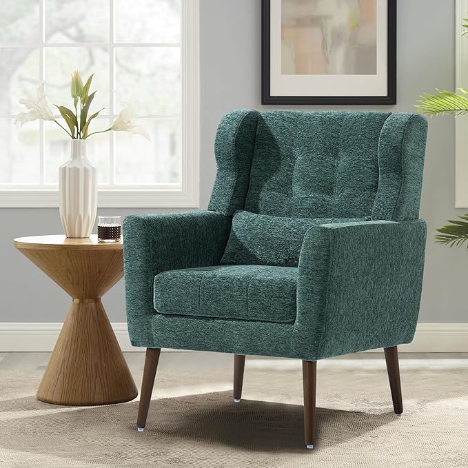 Modern Accent Chair Chenille Fabric Upholstered Tufted Side Chair Wingback ChairMid Century Reading Armchair with Waist Pillow Backrest for Living Room Bedroom (Blackish Green)