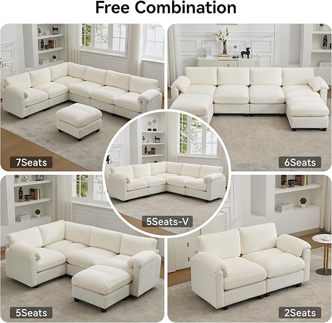 67'' Modular Loveseat Sofa Extra Deep Seat Cloud Couch for Living Room Corduroy Deep Seat Sofa with Armrest Pillows Center Stitched Beige