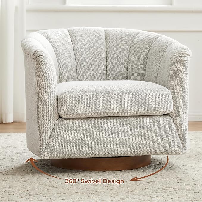 SITJOY Swivel Accent Chair Mid Century Modern Barrel Armchair with Solid Ash Wood Base Upholstered Chair for Living Room Bedroom Fabric in Ivory Set of 2